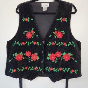 Casey & Max Women's Christmas Vest Black Velvet W Red Embroidered Poinsettias XL